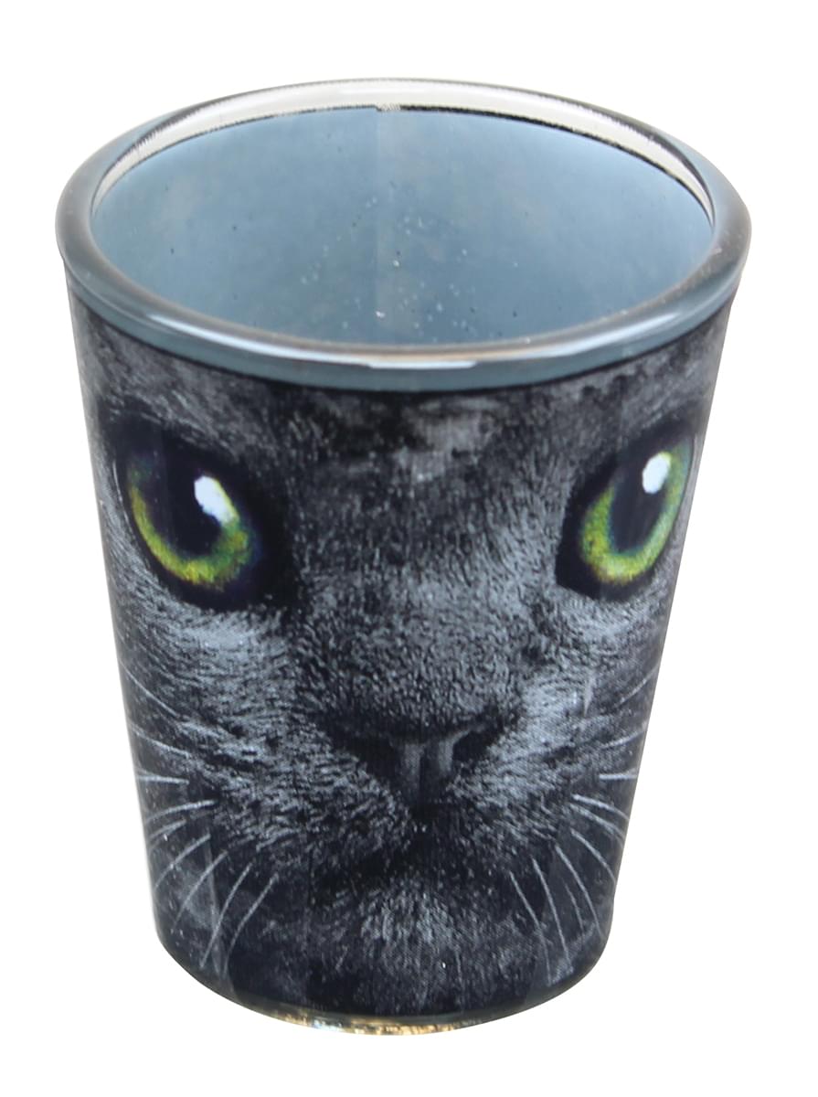 Mysterious Black Cat 2oz Shot Glass with Enchanting Green Eyes