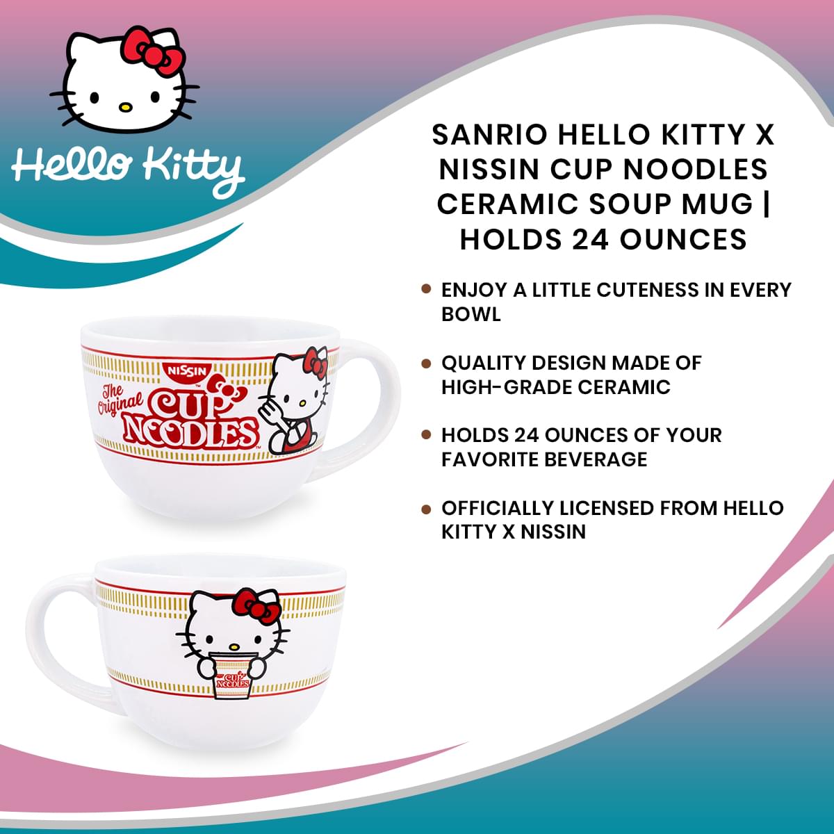 Sanrio Hello Kitty x Nissin Cup Noodles 24-Ounce Ceramic Soup Mug - A Perfect Pair of Adorable and Flavorful