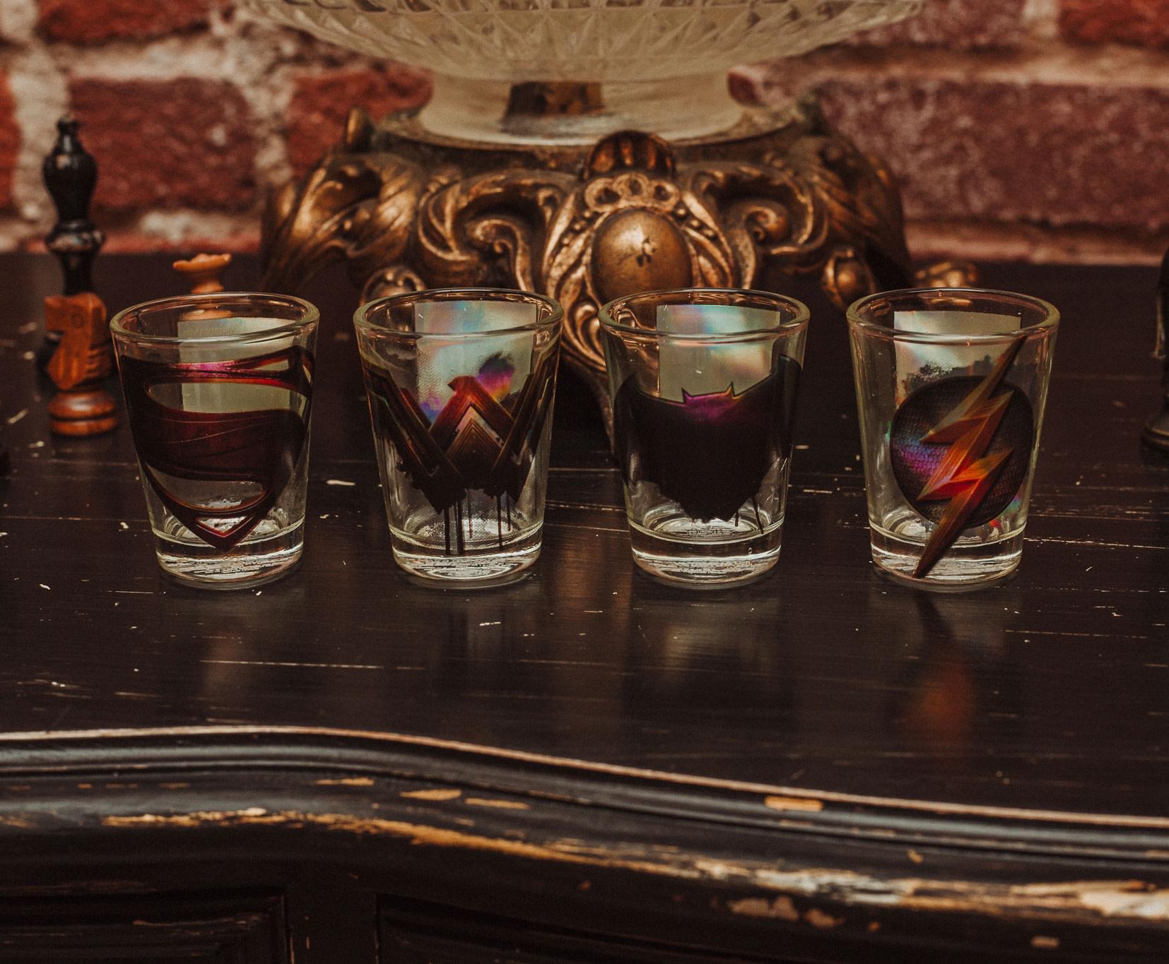 Justice League Movie Logos 1.5-Ounce Mini Shot Glasses - Set of 4