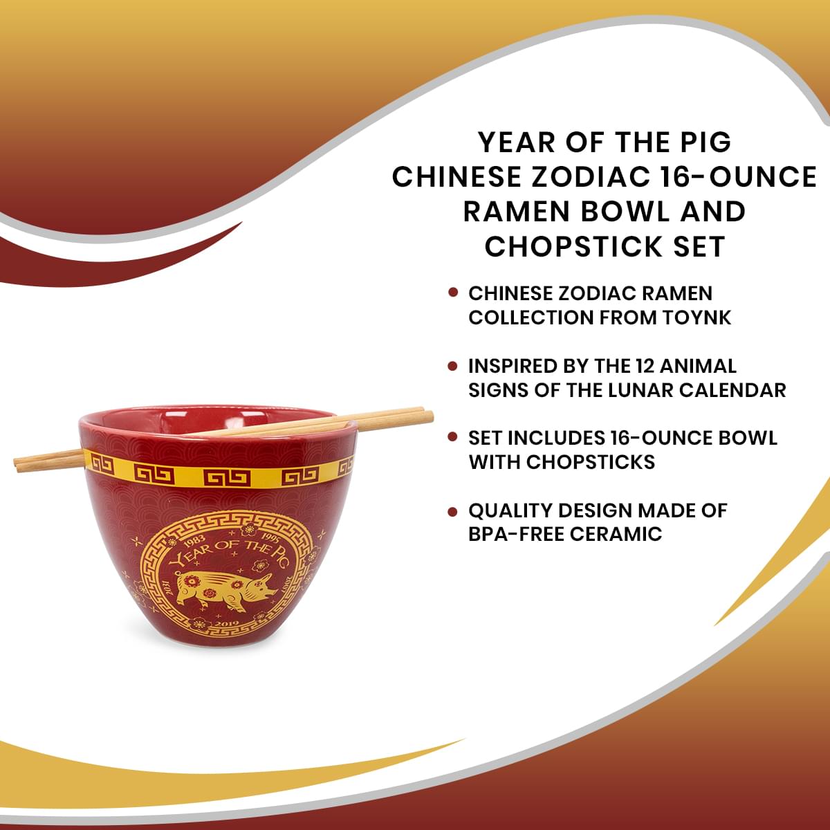 Lucky Pig Year Chinese Zodiac 16 - Ounce Ramen Bowl & Chopstick Set