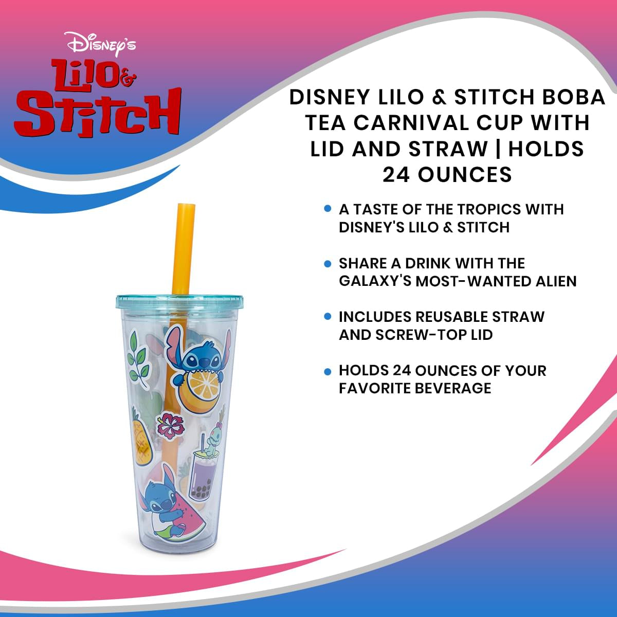 Disney Lilo & Stitch 24-Ounce Boba Tea Carnival Cup with Lid and Straw