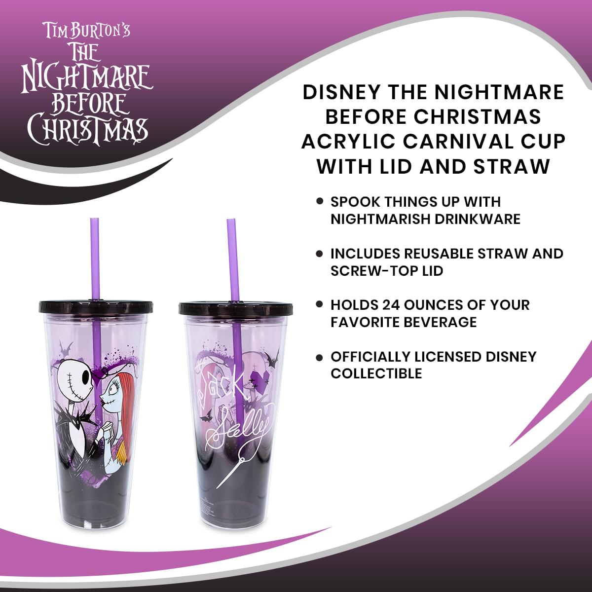 Disney's Nightmare Before Christmas Enchanting Acrylic Carnival Cup with Lid and Straw