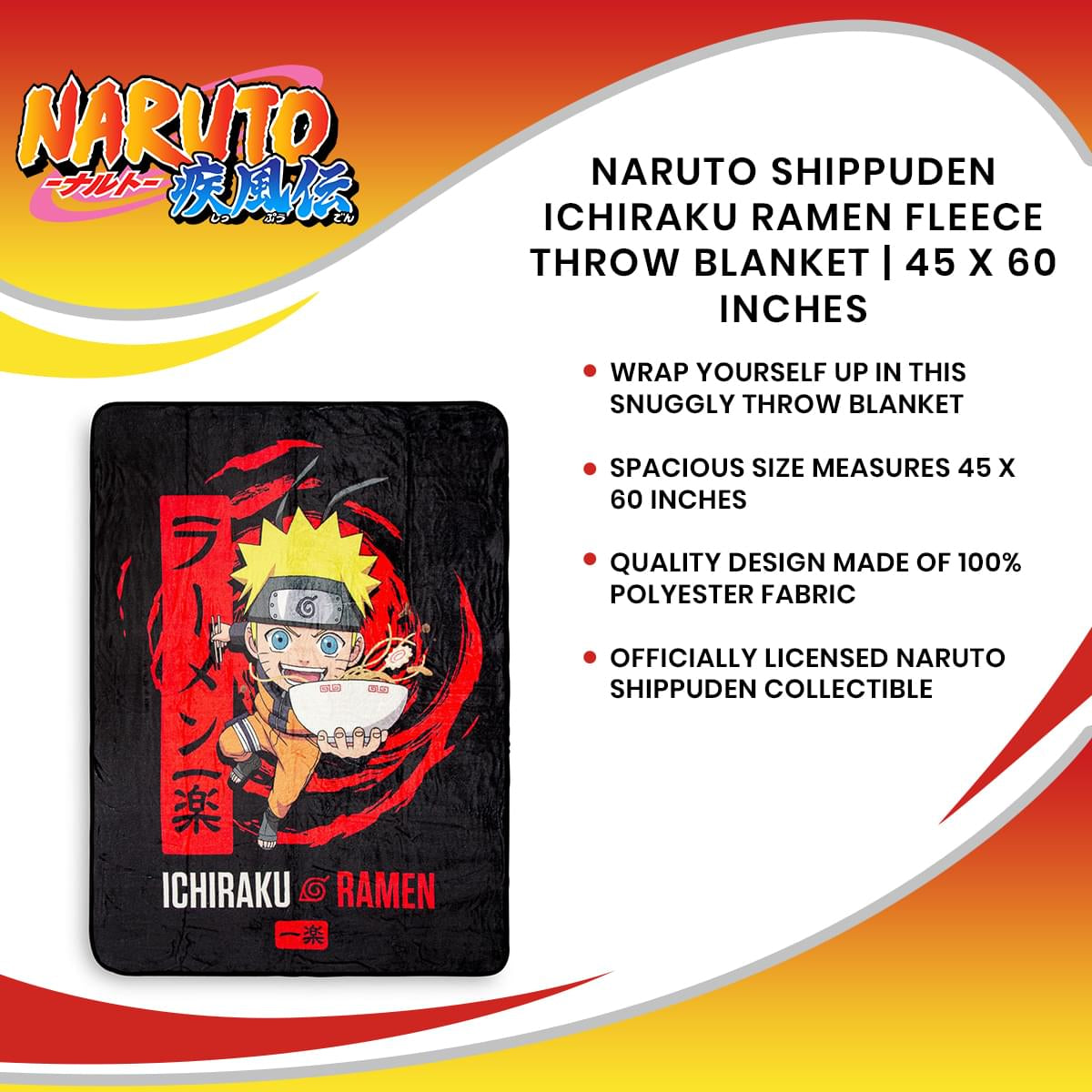 Naruto Shippuden Ichiraku Ramen Cozy Fleece Throw Blanket - 45 x 60 Inches