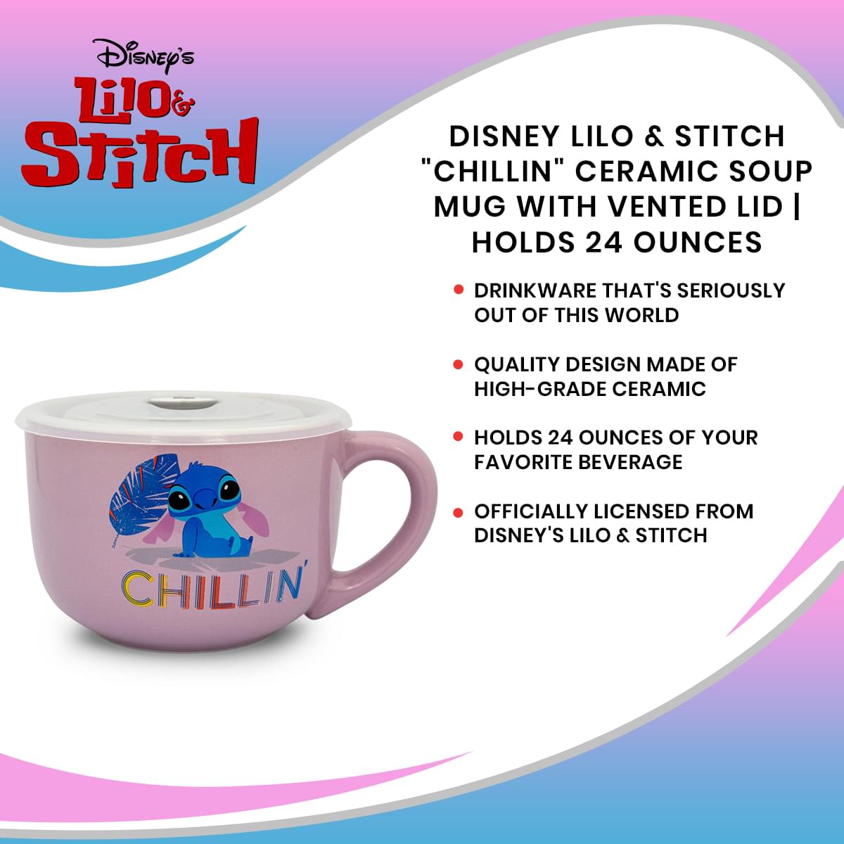 Disney Lilo & Stitch Ceramic Soup Mug with Vented Lid - 24 Ounce