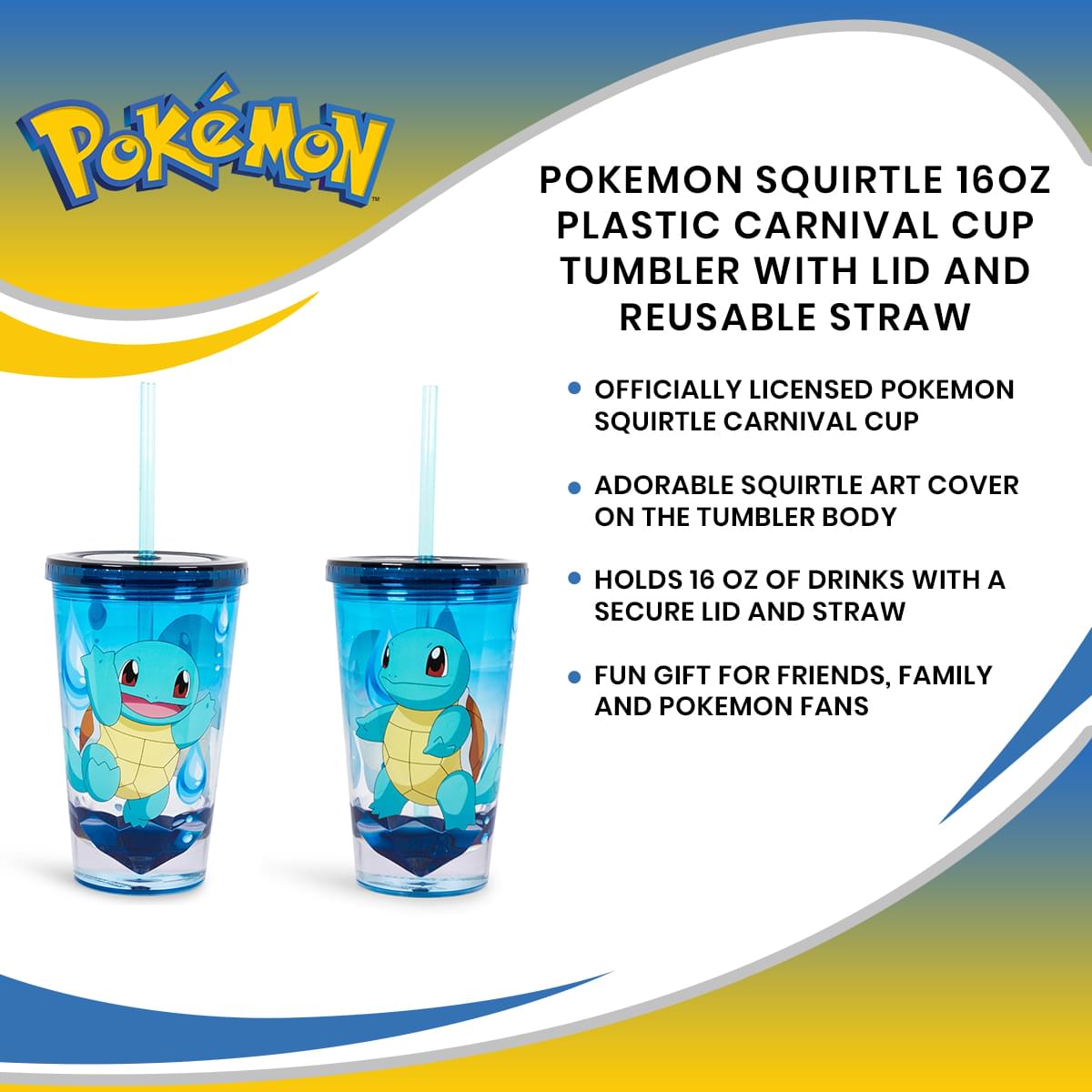 Pokémon Squirtle 16oz Reusable Carnival Tumbler with Lid and Straw