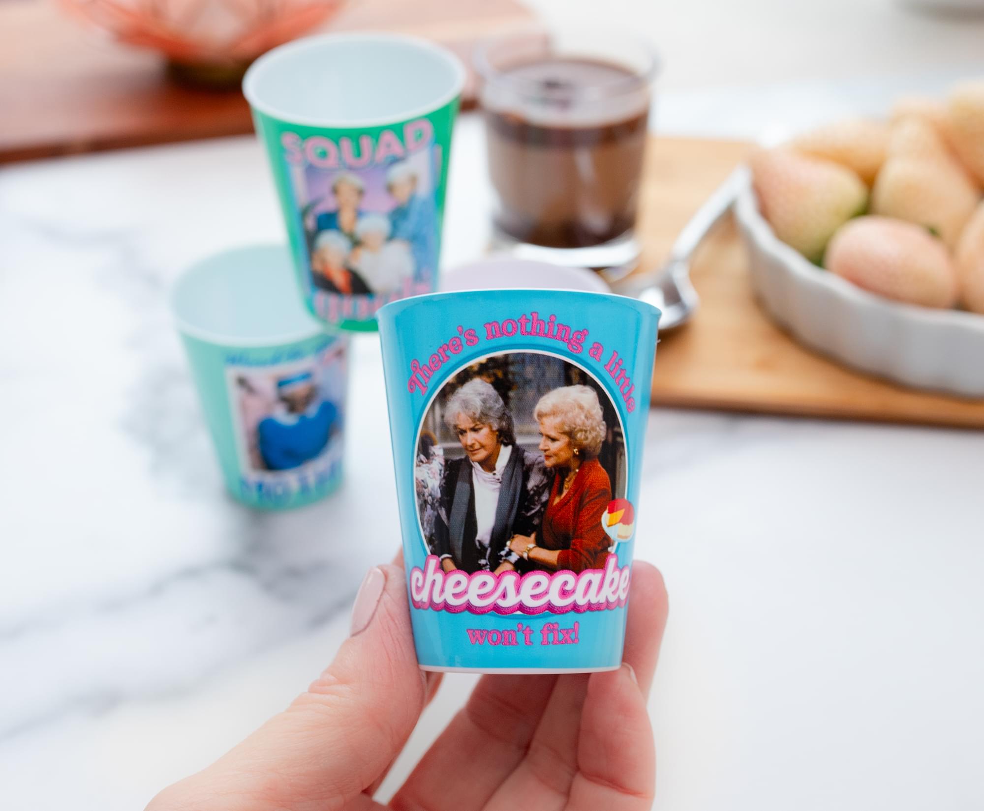 Golden Girls 2-Ounce Plastic Mini Shot Glass Set of 4 - Cheesecake, Drinks, and Comedy!