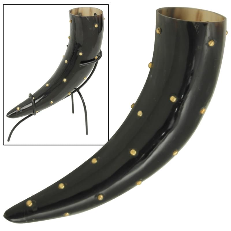 Medieval Brass Studded Drinking Horn with Iron Stand - Raise a Toast like the Knights!
