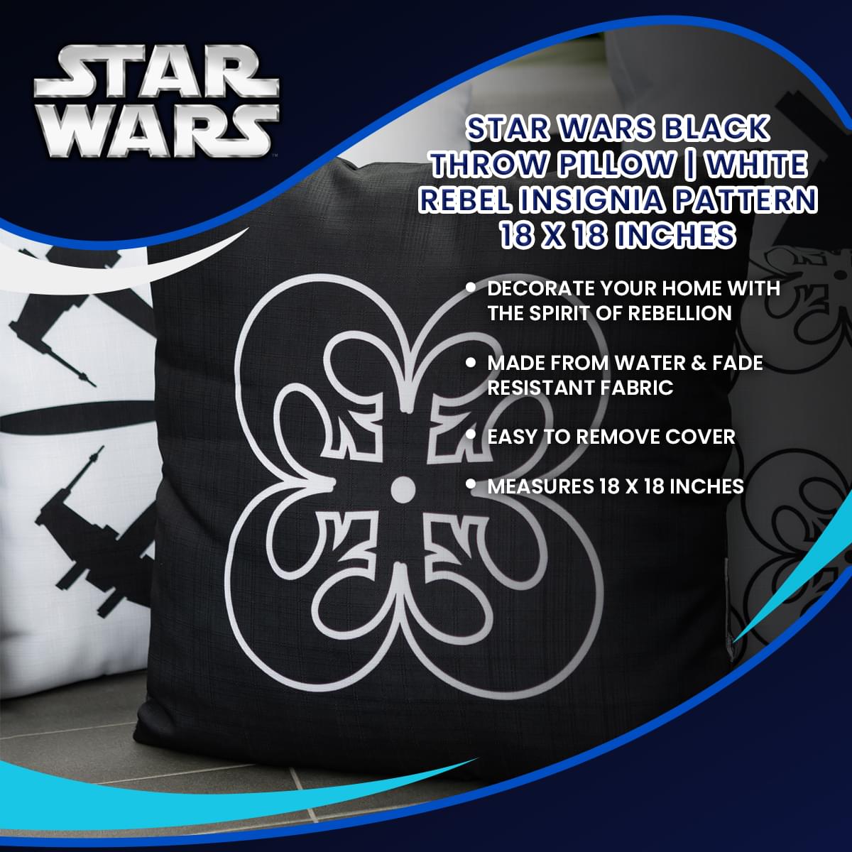 Star Wars Black Throw Pillow - 18 x 18 Inches with White Rebel Insignia