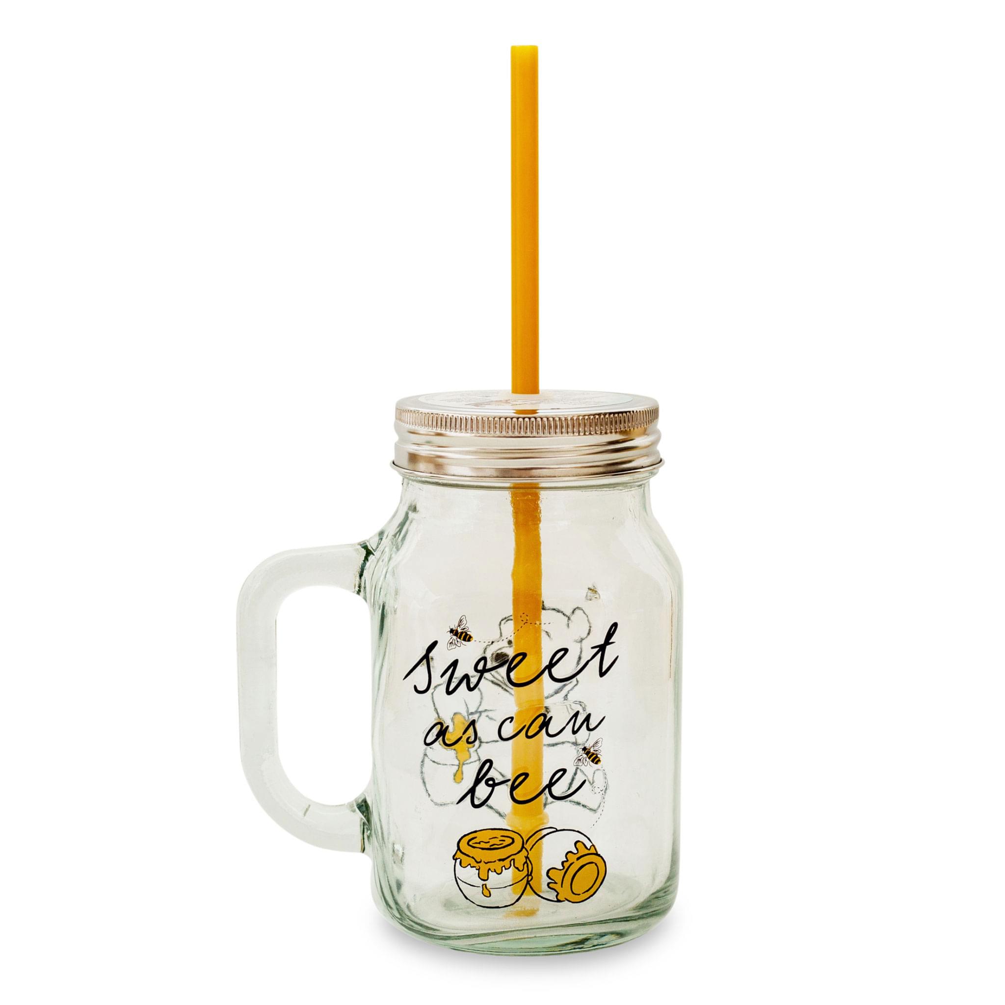 Disney's Winnie the Pooh Sweet as Can Bee 21 Ounce Glass Mason Jar with Lid and Straw - A Honey Lover's Delight