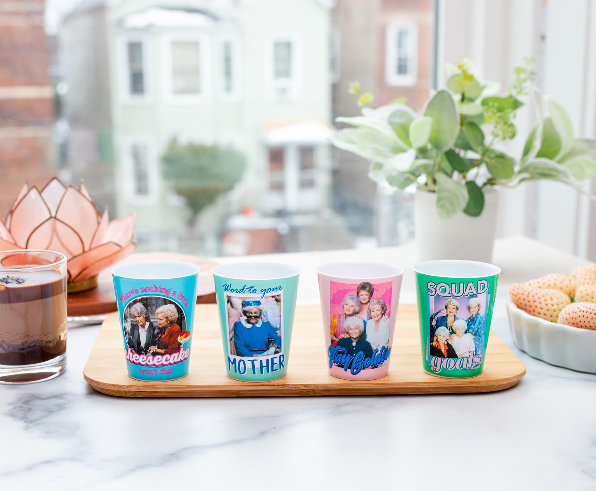 Golden Girls 2-Ounce Plastic Mini Shot Glass Set of 4 - Cheesecake, Drinks, and Comedy!