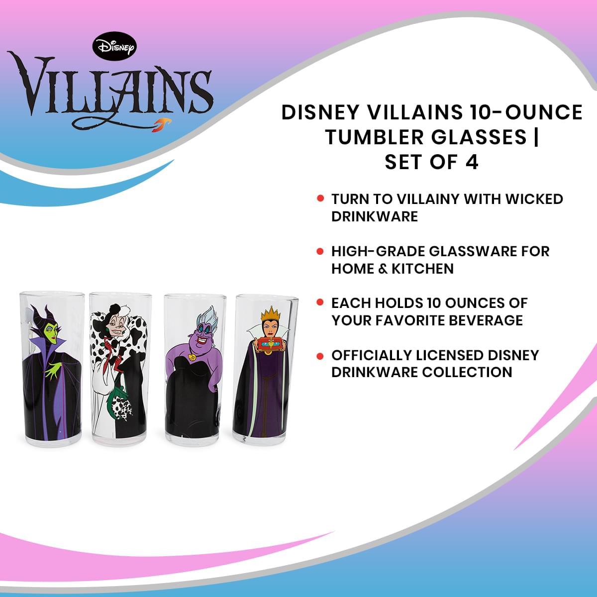 Disney Villains 10 - Ounce Tumbler Glasses Set of 4 - Wicked Delight!