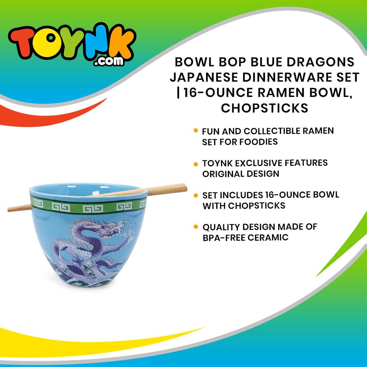 Bowl Bop Japanese Blue Dragons 16 - Ounce Ramen Dinnerware Set with Chopsticks