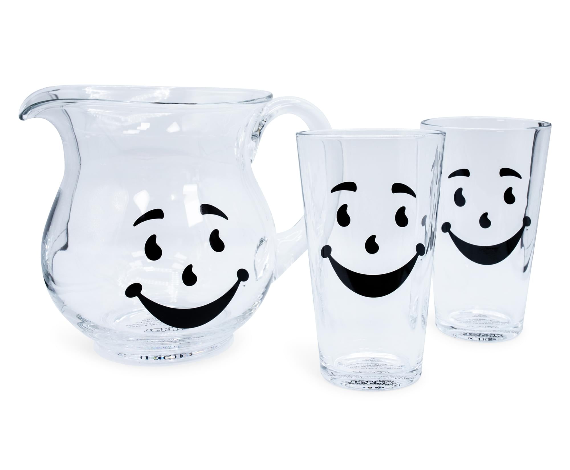 Kool-Aid Man 64-Ounce Glass Pitcher & 2 16-Ounce Pint Glasses Set - Fun and Durable Drinkware