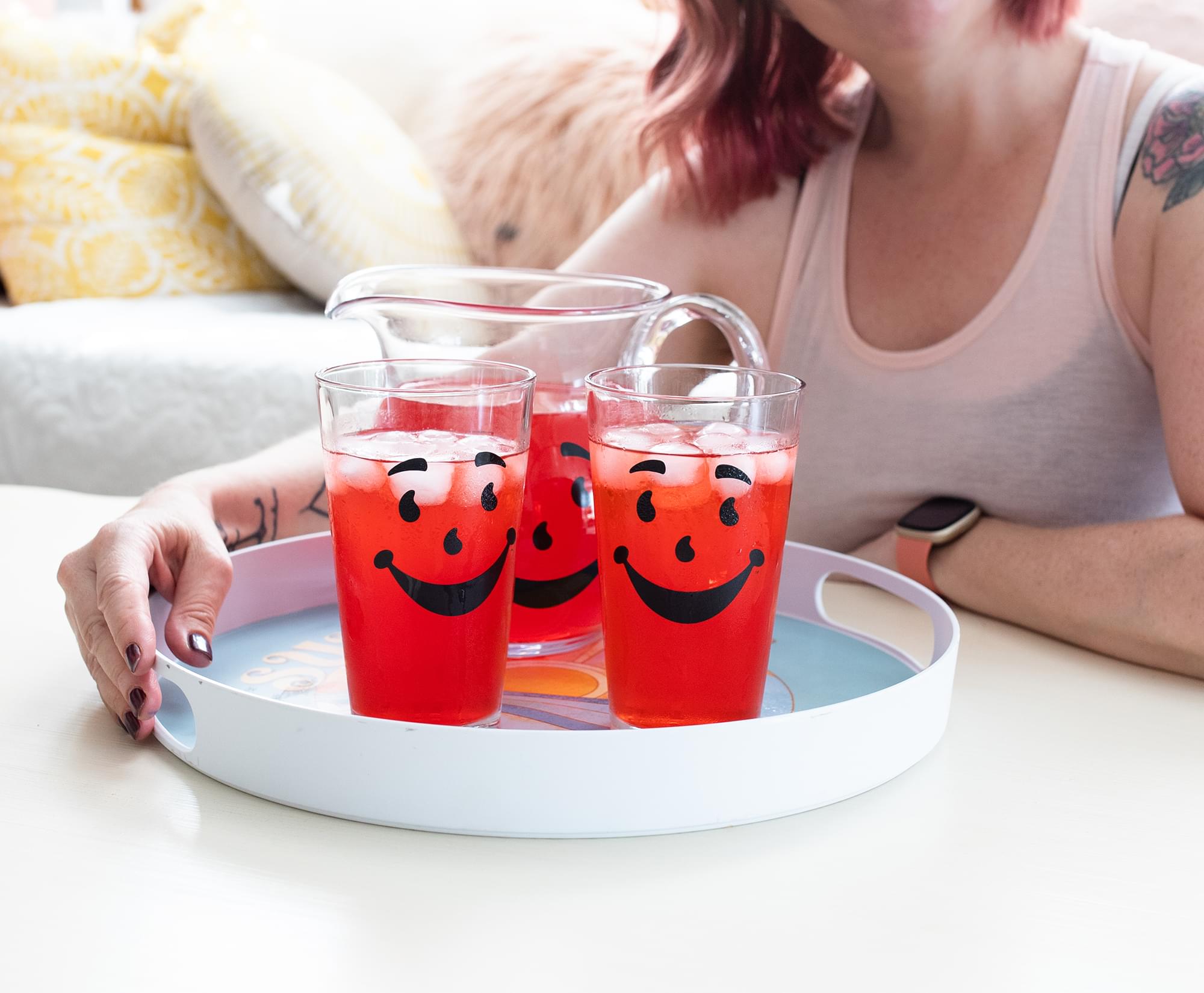 Kool-Aid Man 64-Ounce Glass Pitcher & 2 16-Ounce Pint Glasses Set - Fun and Durable Drinkware