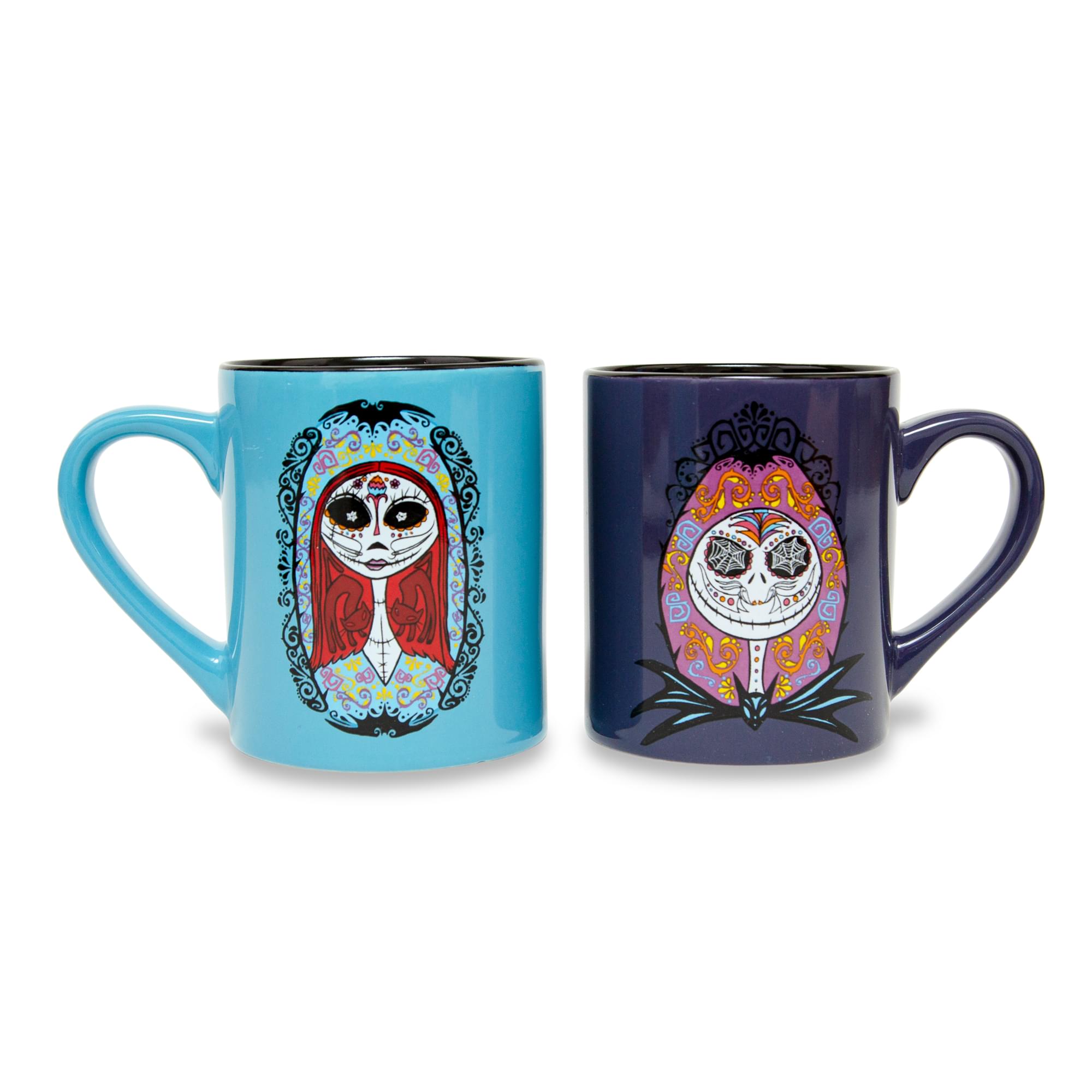 Disney's Nightmare Before Christmas Sugar Skulls Jack and Sally Ceramic Mug Set - A Hauntingly Beautiful Pair