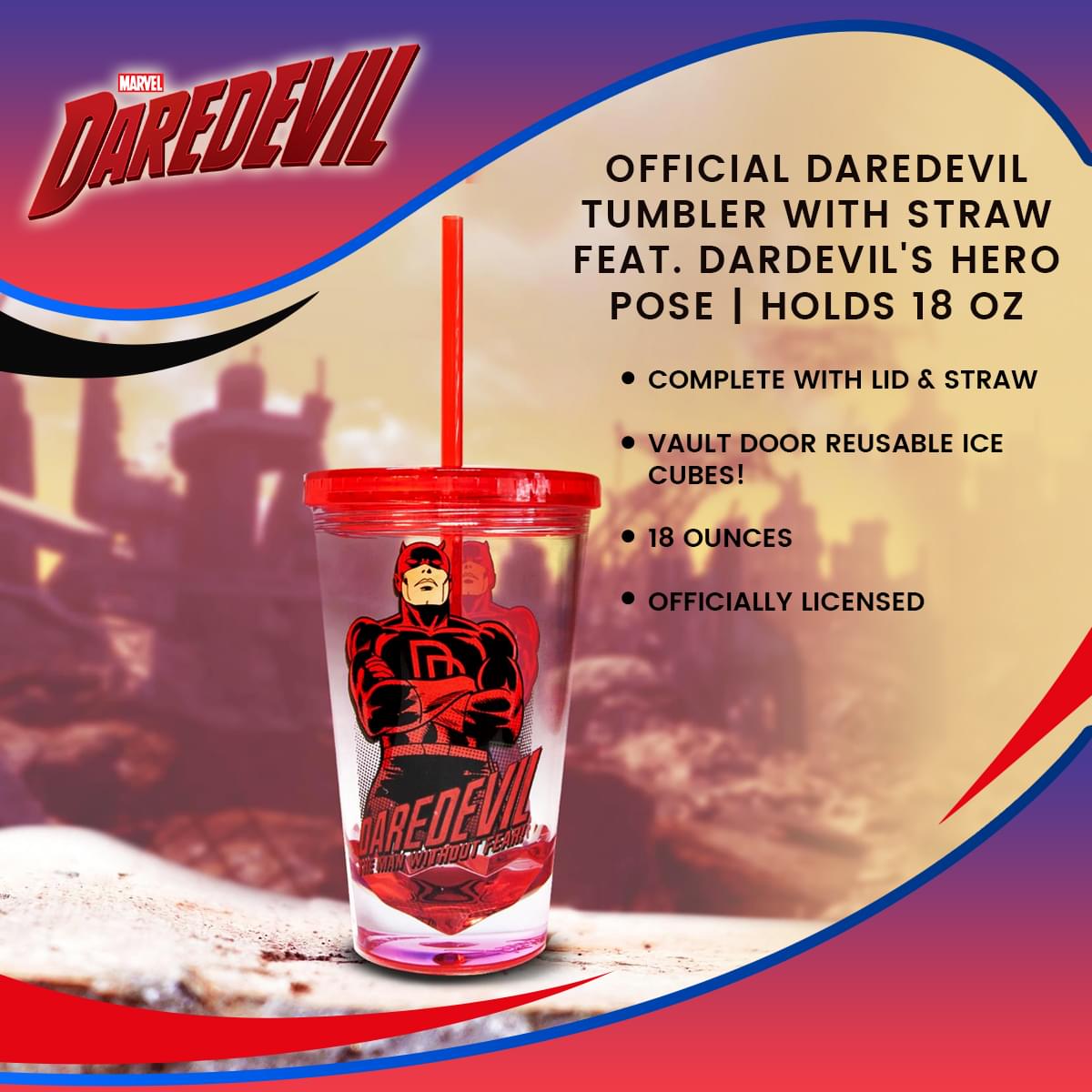 Daredevil 18 OZ Reusable Tumbler with Straw - Hero Pose Edition
