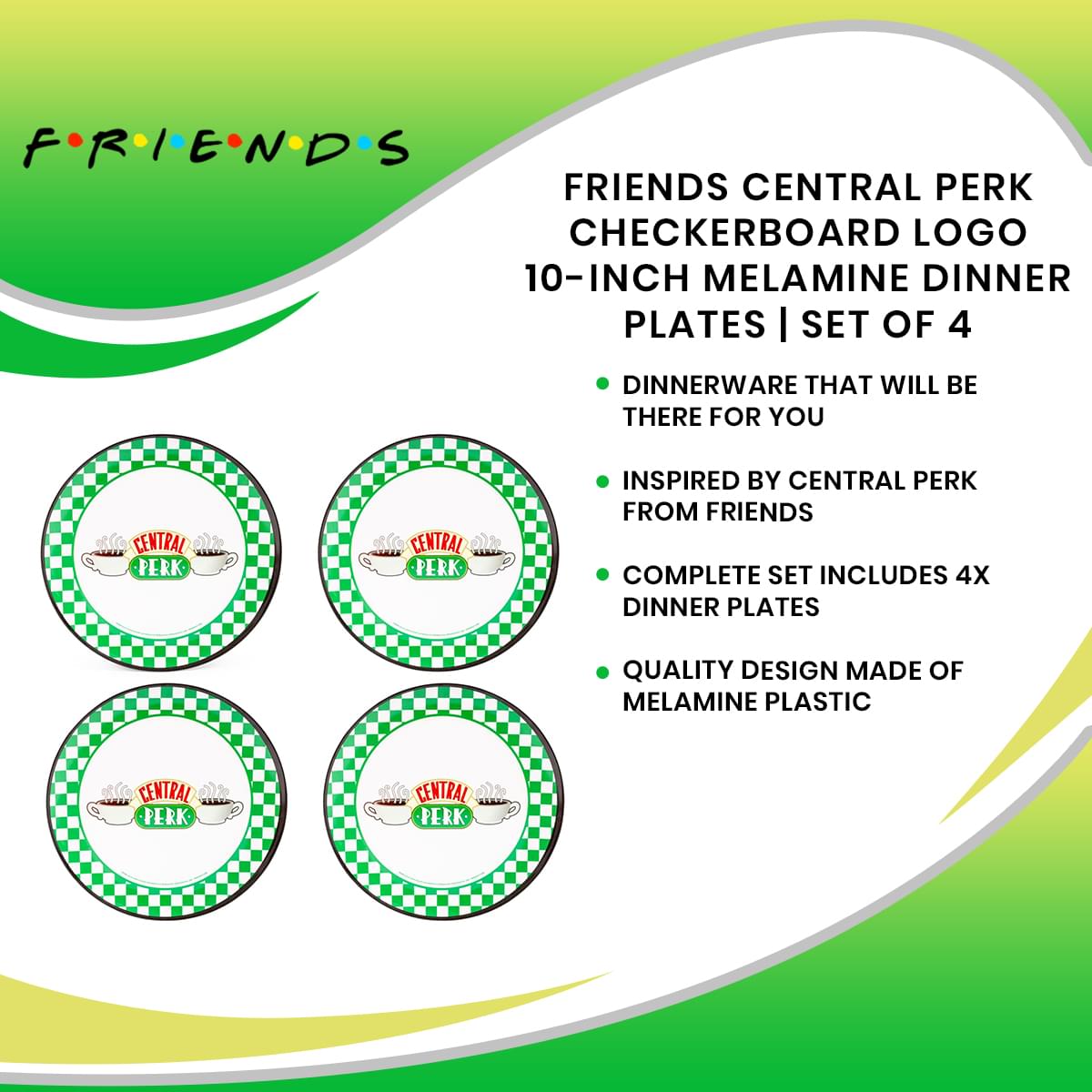 Friends Central Perk 10-Inch Melamine Dinner Plates (Set of 4) - Checkerboard Logo