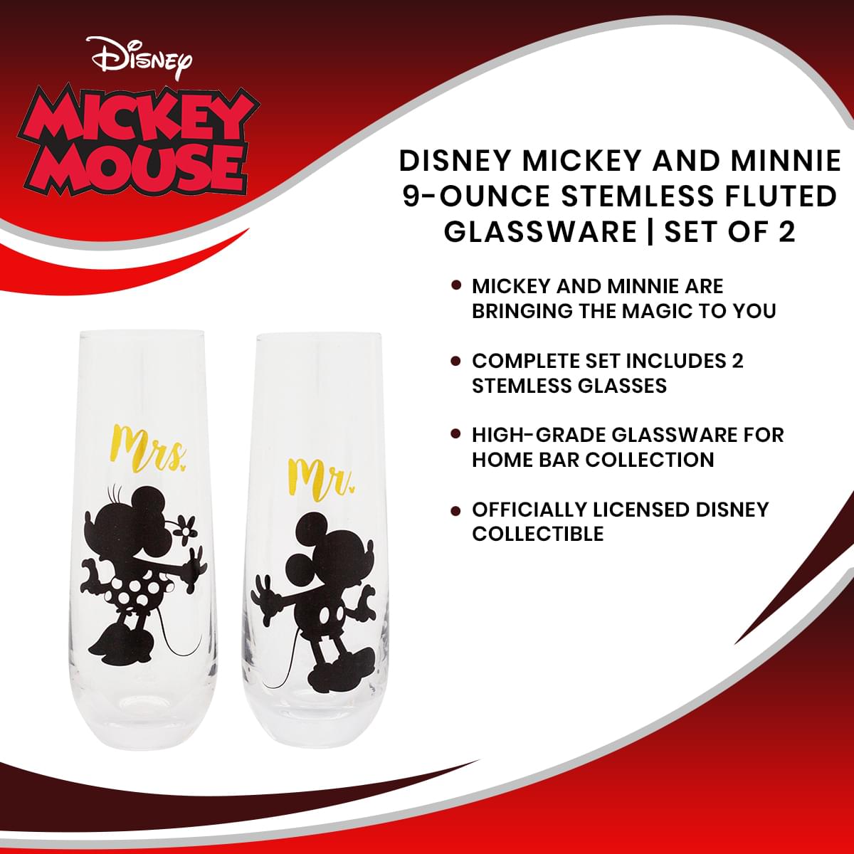 Disney Mickey & Minnie 9 - Ounce Stemless Fluted Glasses Set of 2 - Toast to Love!