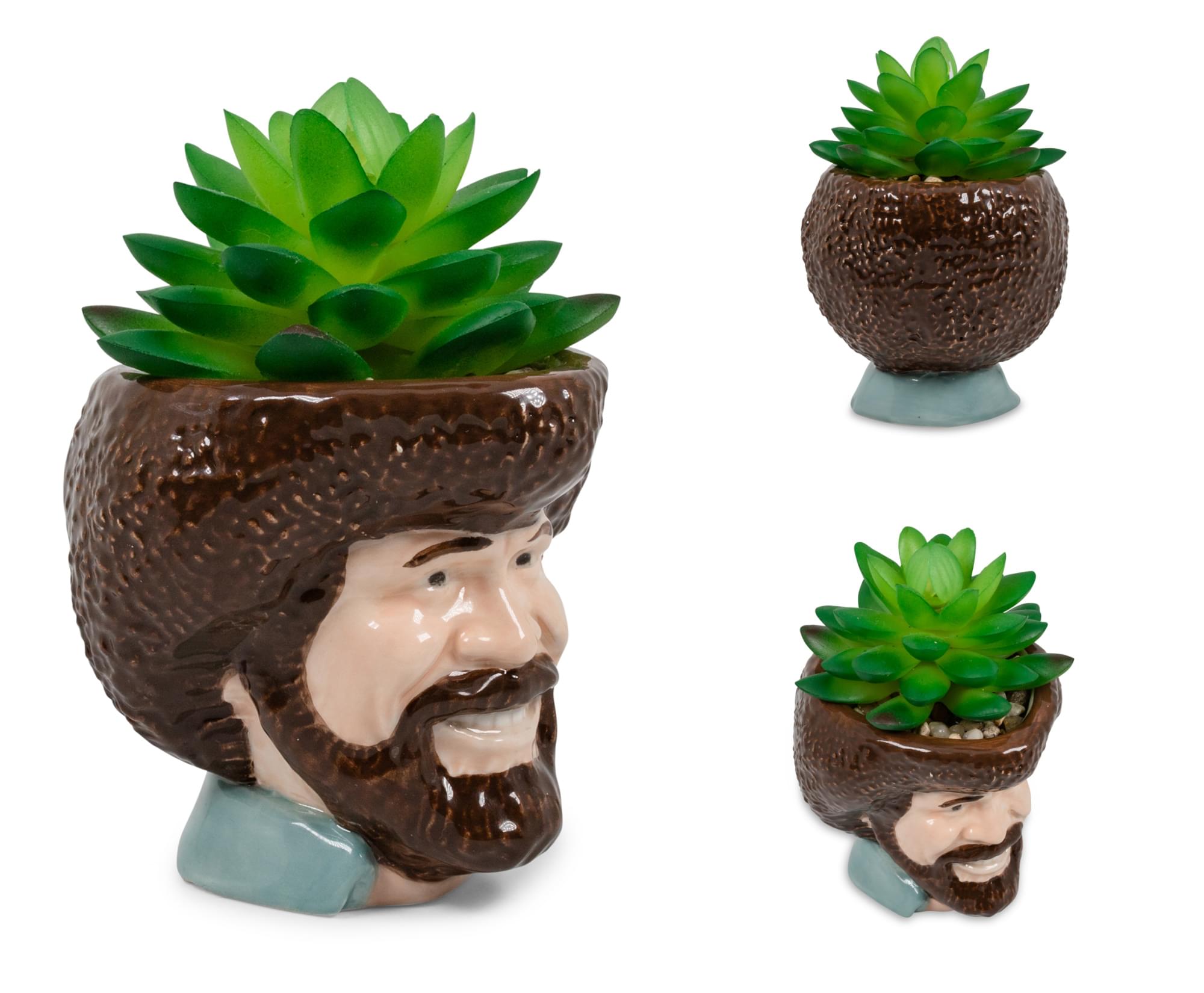 Bob Ross-Inspired Mini Ceramic Planter with Artificial Succulent - A Must-Have for Decor Lovers!