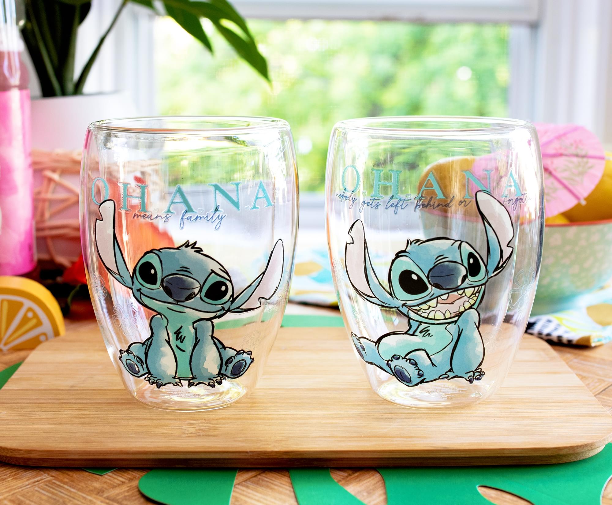 Disney Lilo & Stitch Ohana Means Family Floral Stemless Glasses Set of 2 - Bring the Magic Home