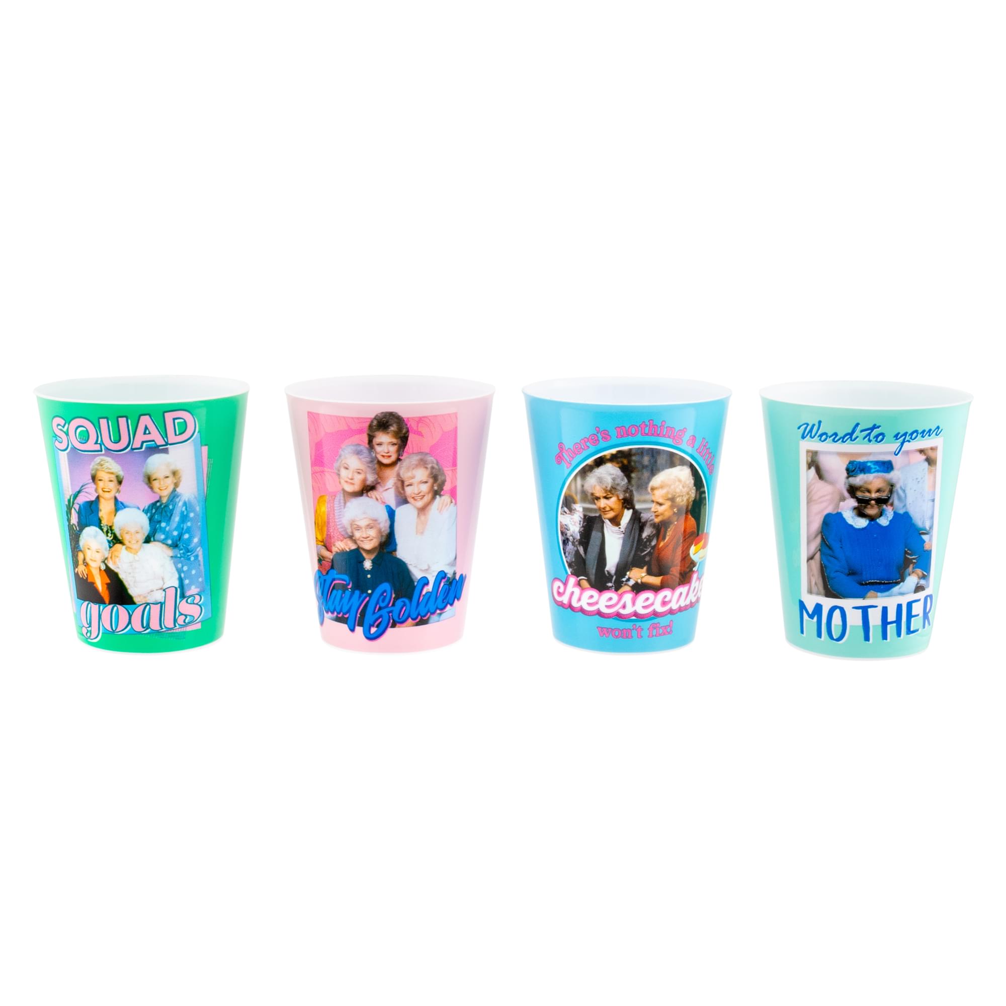Golden Girls 2-Ounce Plastic Mini Shot Glass Set of 4 - Cheesecake, Drinks, and Comedy!
