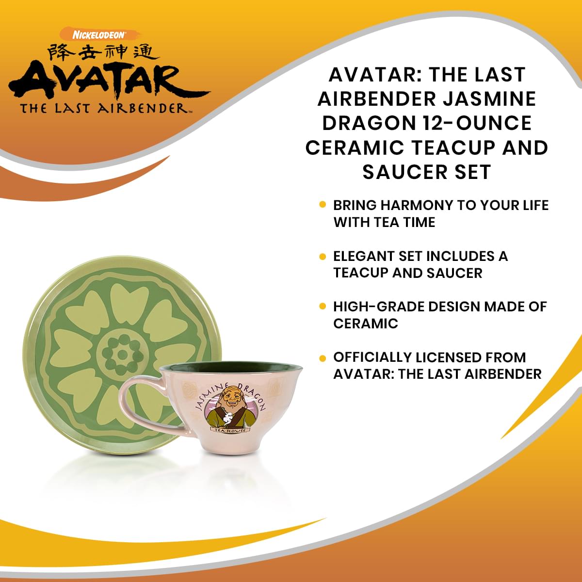 Avatar: The Last Airbender Jasmine Dragon Ceramic Teacup & Saucer Set - 12 Ounce