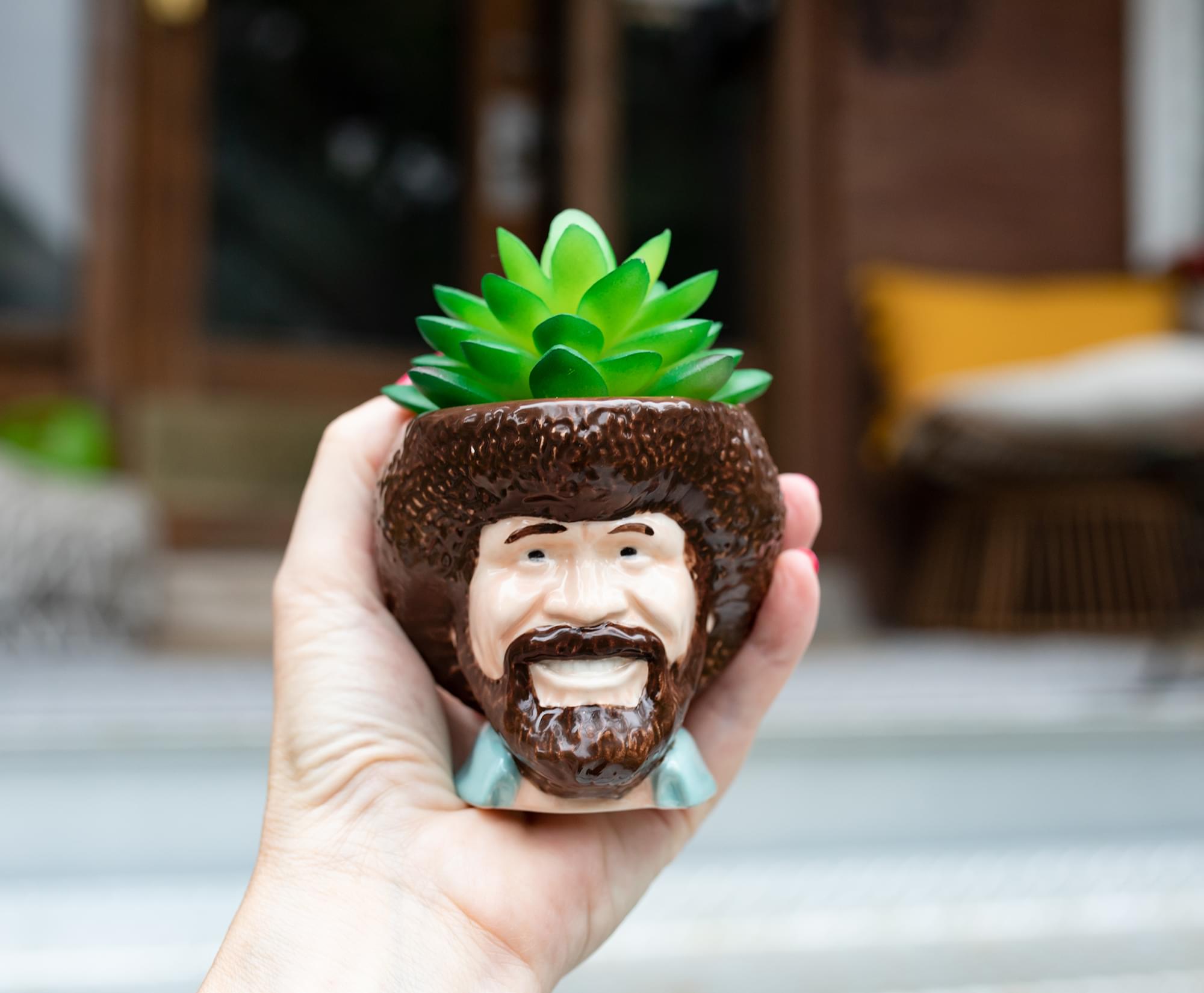 Bob Ross-Inspired Mini Ceramic Planter with Artificial Succulent - A Must-Have for Decor Lovers!
