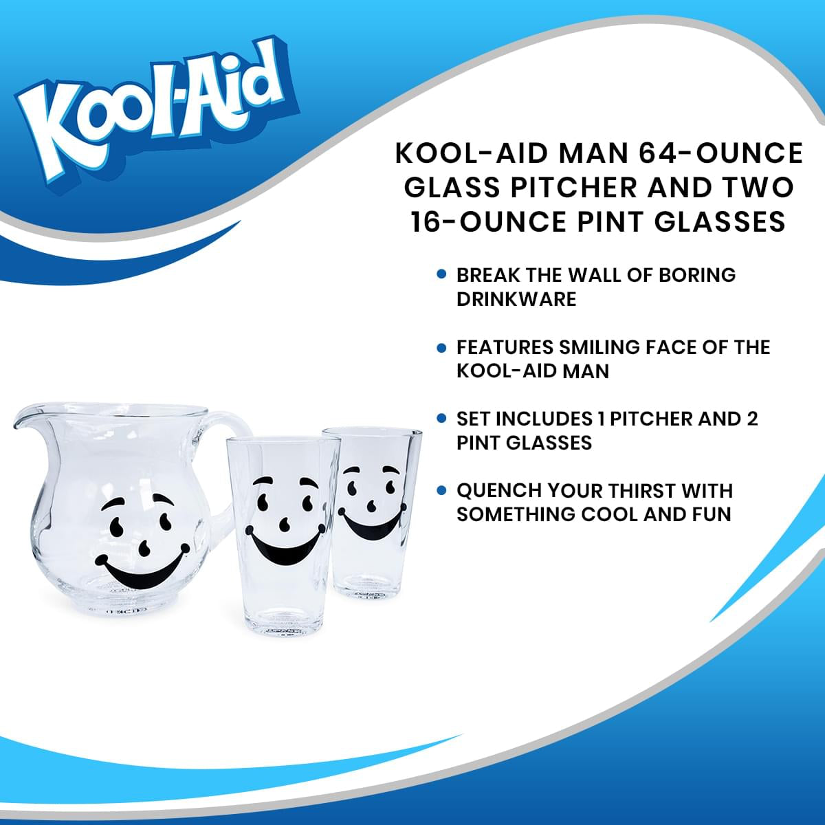 Kool-Aid Man 64-Ounce Glass Pitcher & 2 16-Ounce Pint Glasses Set - Fun and Durable Drinkware