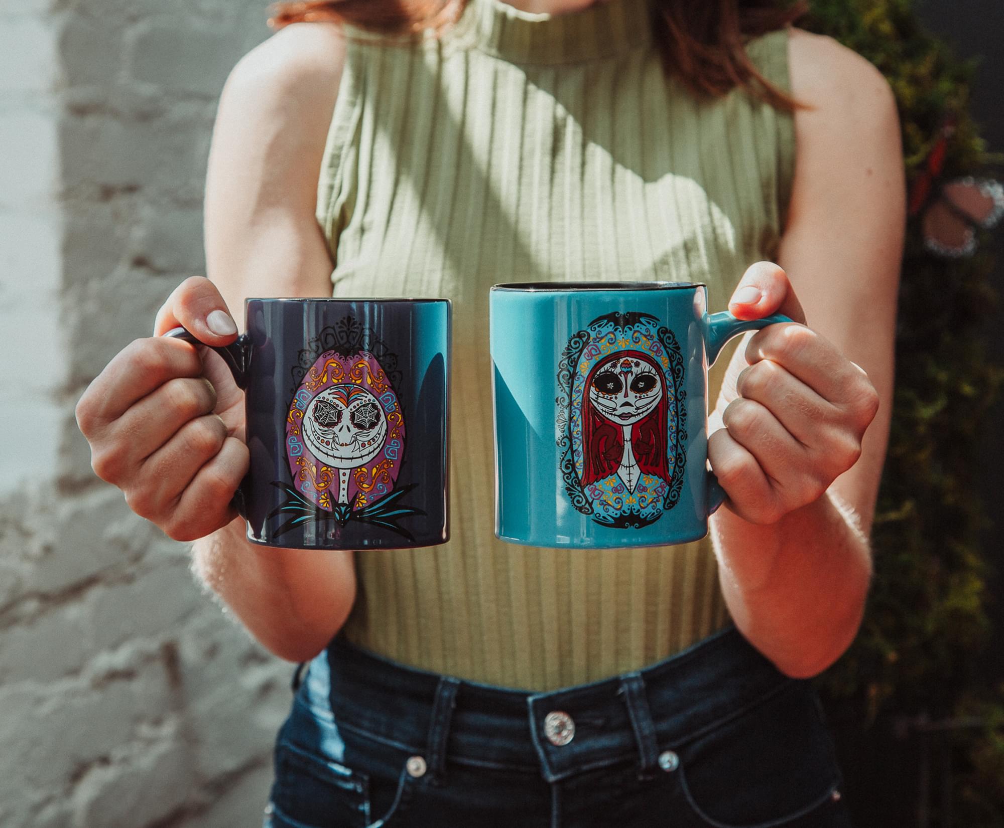 Disney's Nightmare Before Christmas Sugar Skulls Jack and Sally Ceramic Mug Set - A Hauntingly Beautiful Pair
