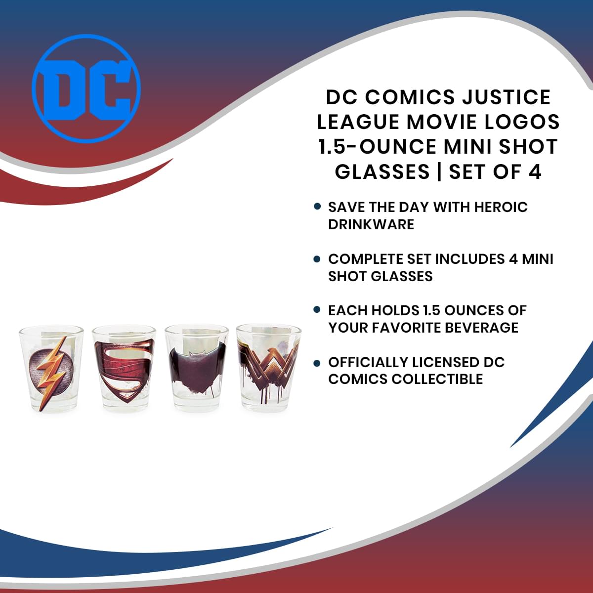 Justice League Movie Logos 1.5-Ounce Mini Shot Glasses - Set of 4