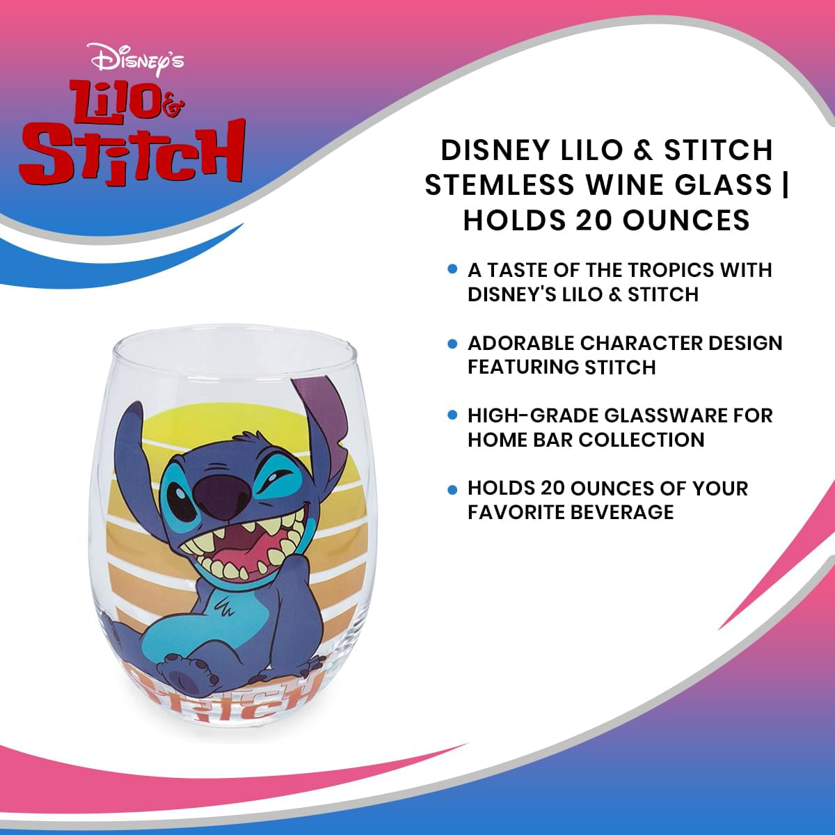 Disney Lilo & Stitch 20-Ounce Stemless Wine Glass: Sip in Style with Your Favorite Alien