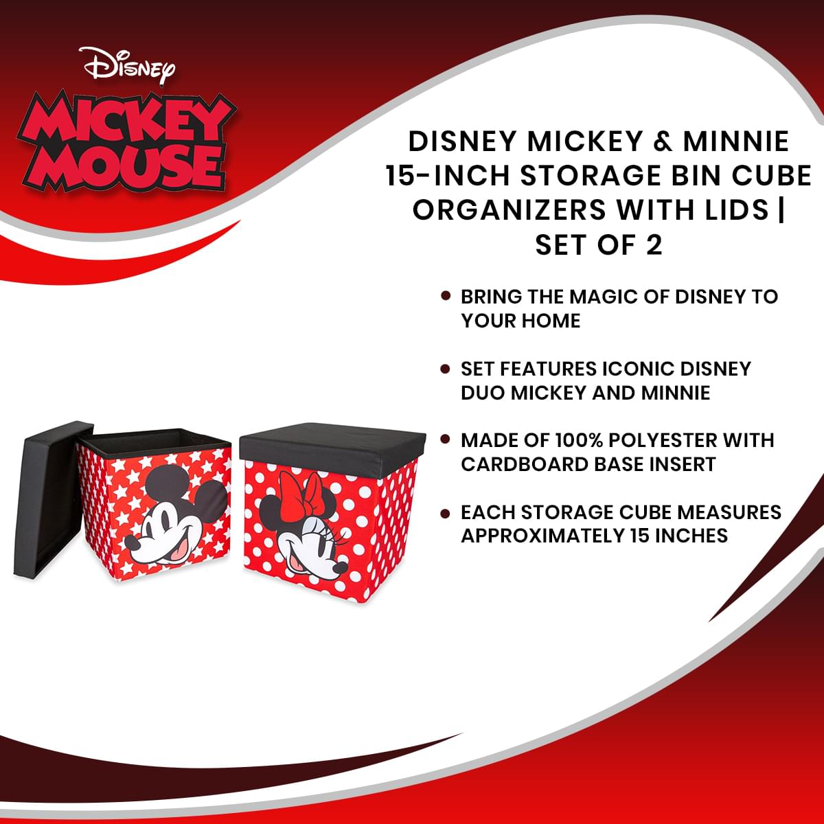 Disney's Enchanting 15-Inch Mickey & Minnie Storage Bin Cube Organizers with Lids - Set of 2