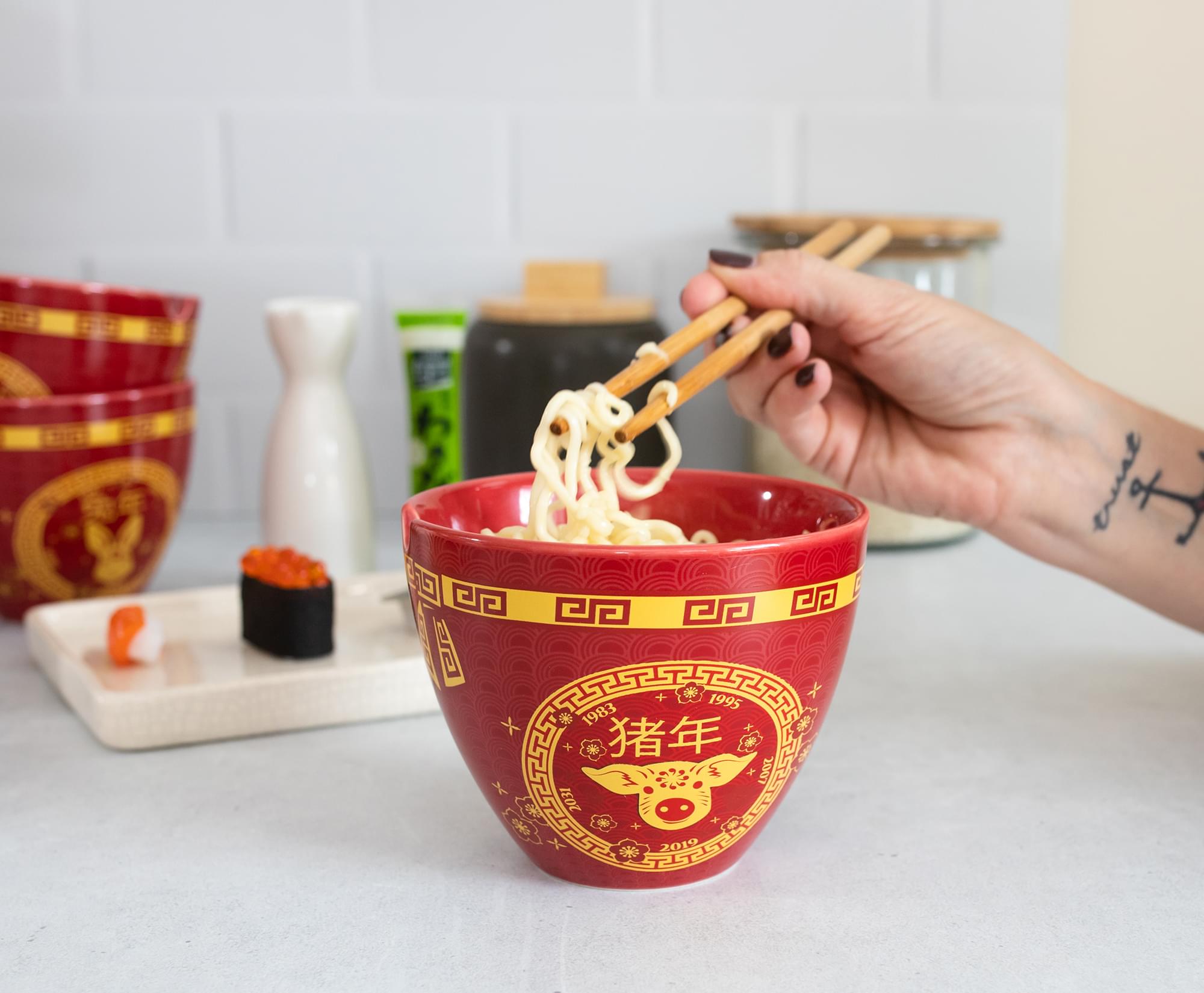 Lucky Pig Year Chinese Zodiac 16 - Ounce Ramen Bowl & Chopstick Set