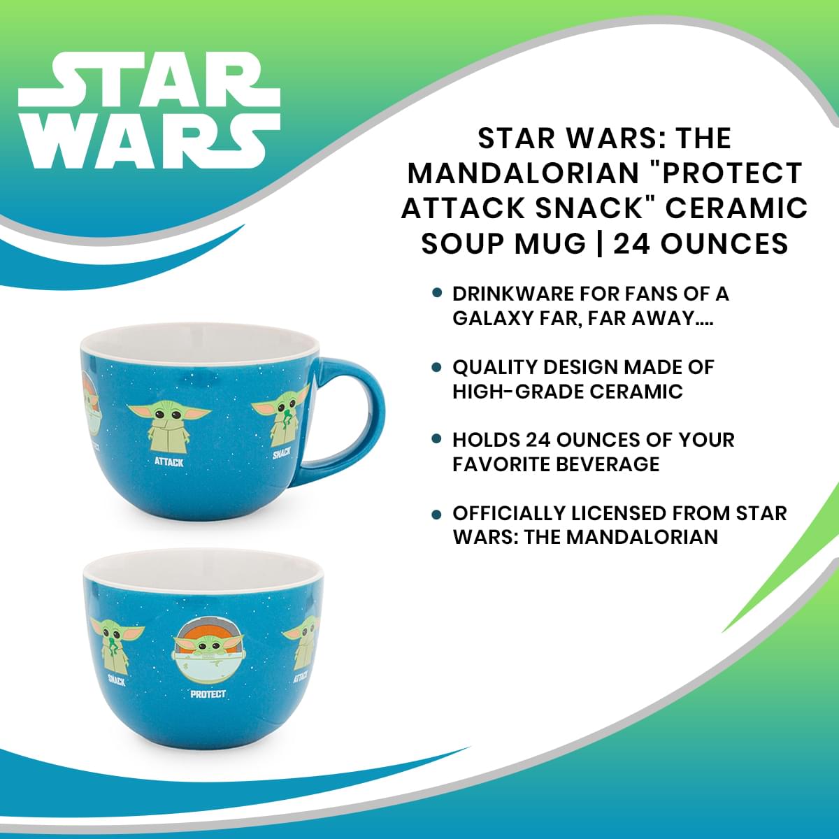 Star Wars: The Mandalorian Ceramic Soup Mug with 'Protect Attack Snack' Design | 24 Ounces
