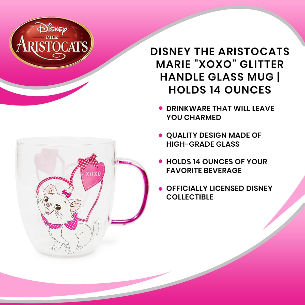 Disney's The Aristocats Marie XOXO Glitter Handle 14-Ounce Glass Mug