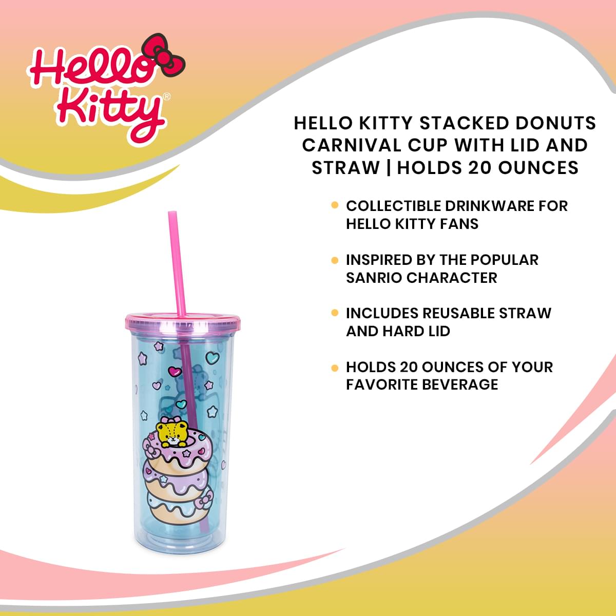 Adorable Hello Kitty Stacked Donuts Carnival Cup with Lid & Straw - 20 Oz