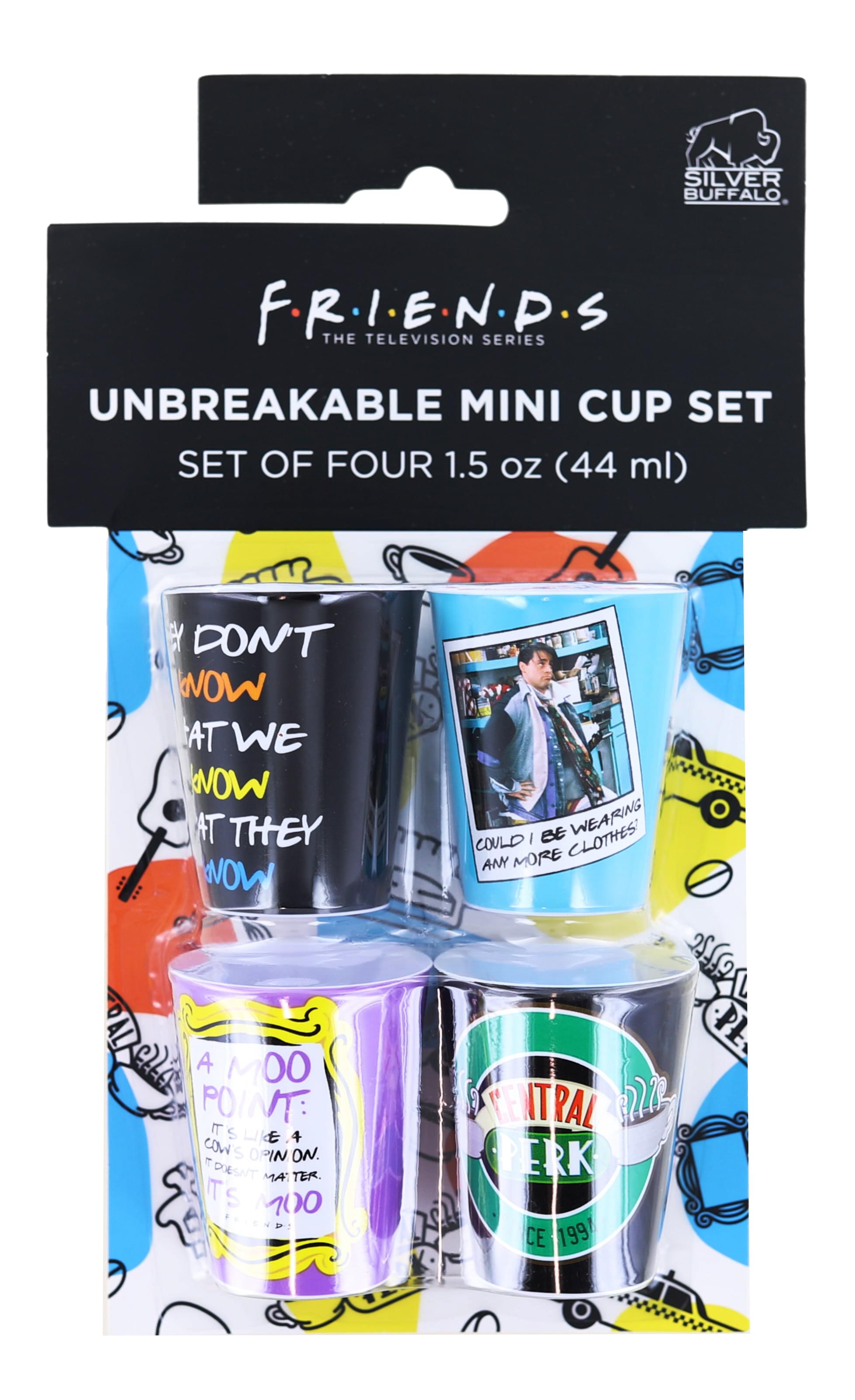 Friends-Inspired 1.5-Ounce Plastic Mini Shot Glasses Set of 4 - Hilarious TV Memorabilia