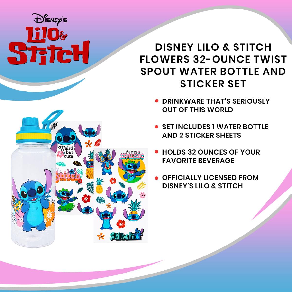 Disney Lilo & Stitch 32-Ounce Twist Spout Water Bottle with Sticker Set - Tropical Fun!