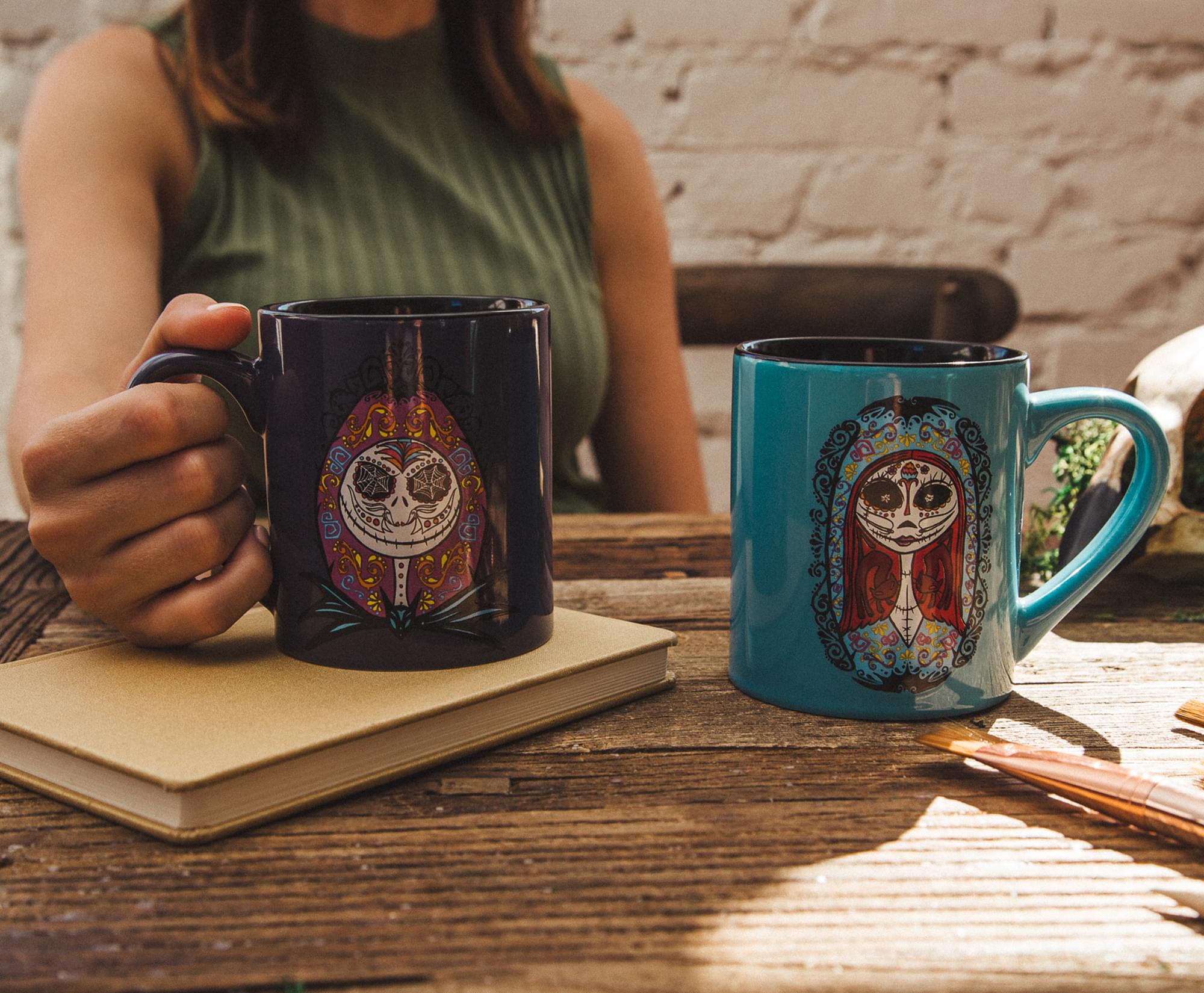 Disney's Nightmare Before Christmas Sugar Skulls Jack and Sally Ceramic Mug Set - A Hauntingly Beautiful Pair