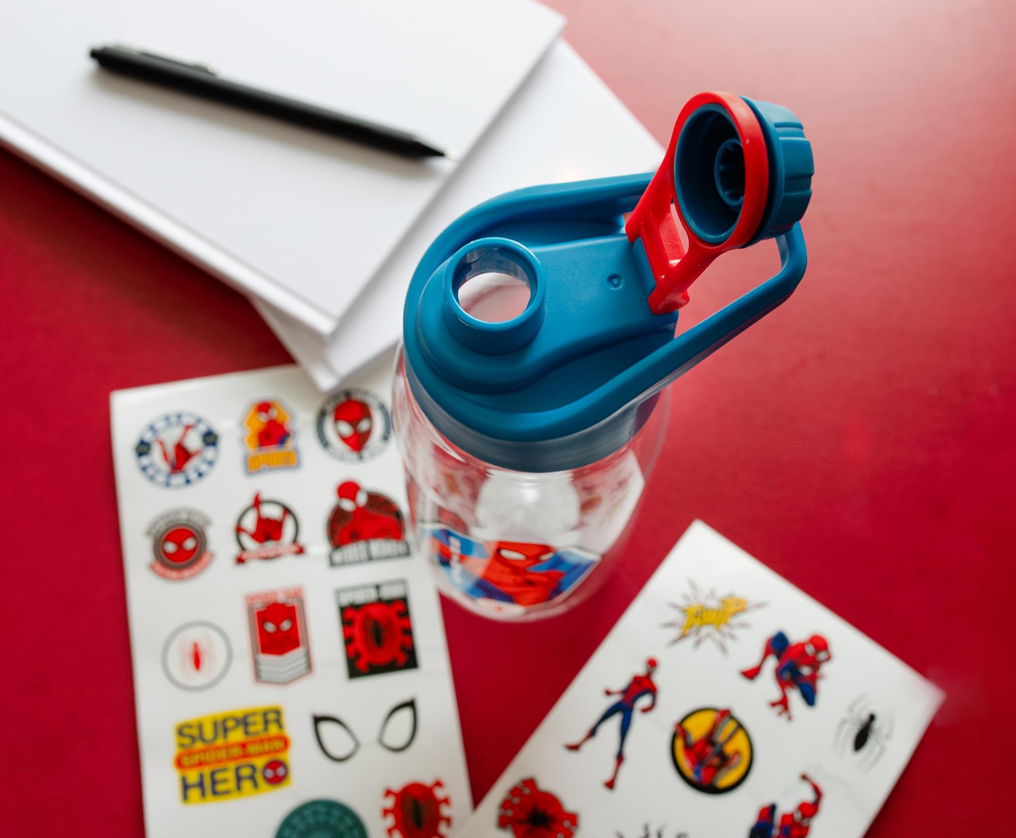 Spider-Man Hinged Handle Plastic Water Bottle & Sticker Set - Your Marvel Adventure!