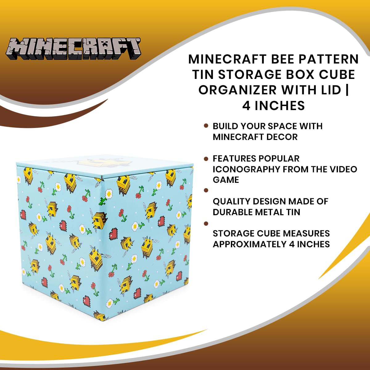 Bee - Patterned Minecraft 4 - Inch Tin Storage Cube with Lid - A Must - Have for Gamers