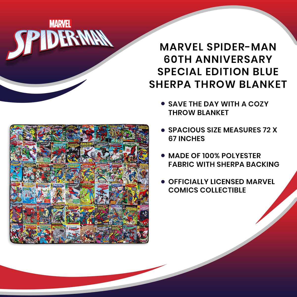 Marvel Spider-Man 60th Anniversary Special Edition Cosy Blue Sherpa Throw Blanket
