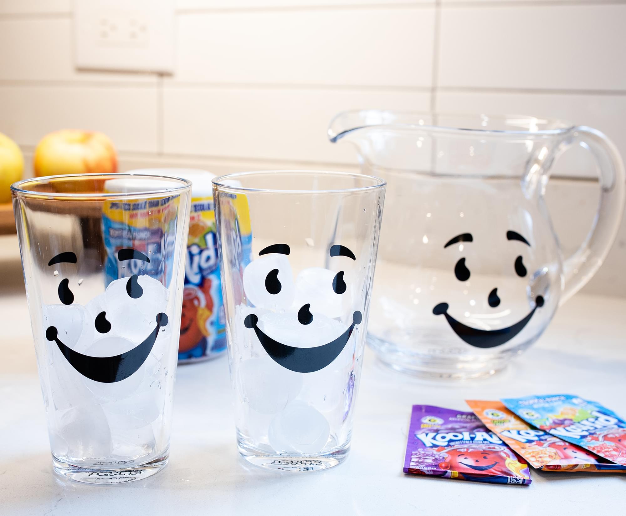 Kool-Aid Man 64-Ounce Glass Pitcher & 2 16-Ounce Pint Glasses Set - Fun and Durable Drinkware