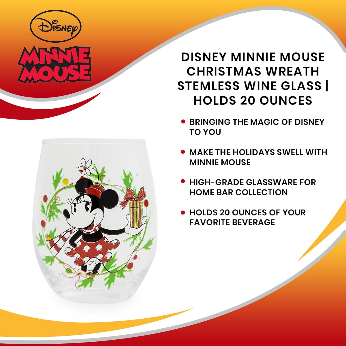 Disney Minnie Mouse Christmas Cheer Stemless Wine Glass - 20 Ounce Festive Fun