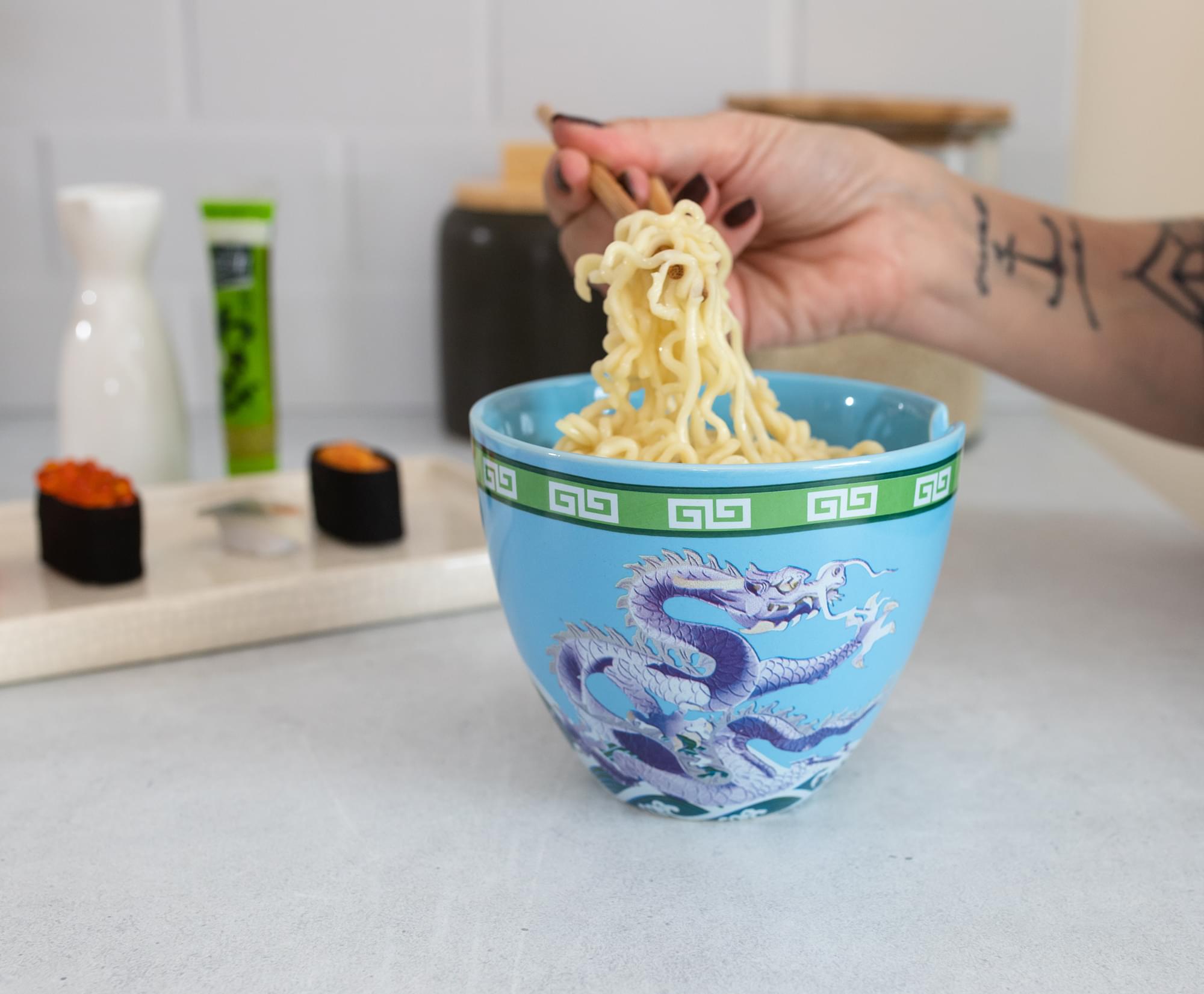 Bowl Bop Japanese Blue Dragons 16 - Ounce Ramen Dinnerware Set with Chopsticks