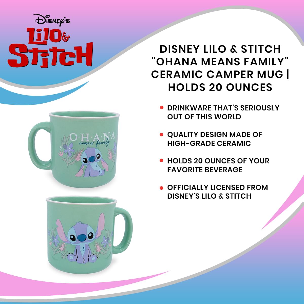 Disney Lilo & Stitch Ohana Means Family 20 - Ounce Ceramic Camper Mug - A Magical Sip