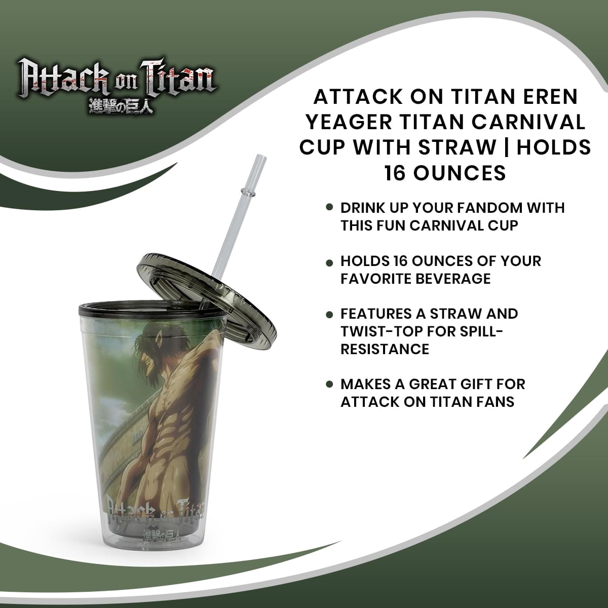 Epic Attack On Titan Eren Yeager Titan Carnival Cup with Straw - 16 Oz!
