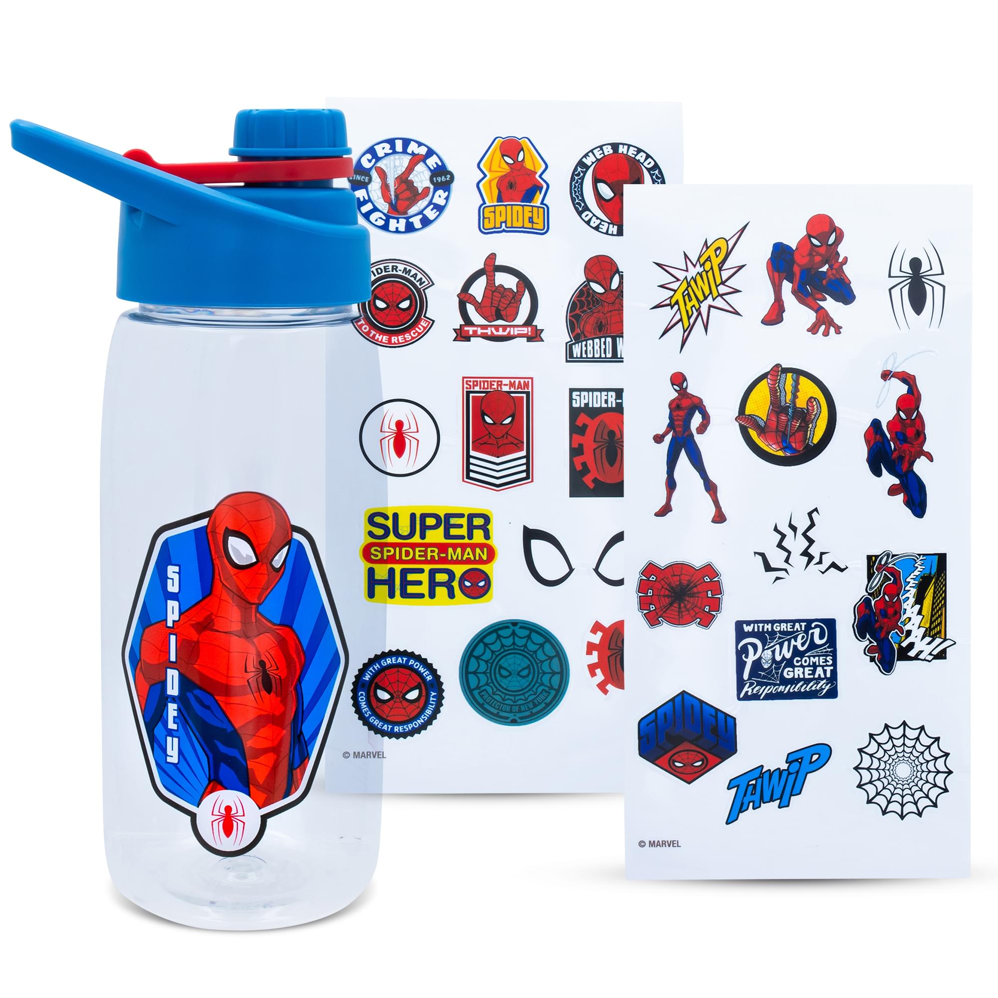 Spider-Man Hinged Handle Plastic Water Bottle & Sticker Set - Your Marvel Adventure!