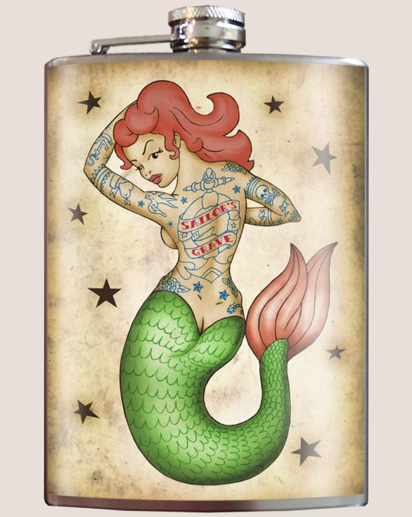 Trixie & Milo 8 Oz Stainless Steel Flask: Tattooed Mermaid - The Perfect Party Accessory