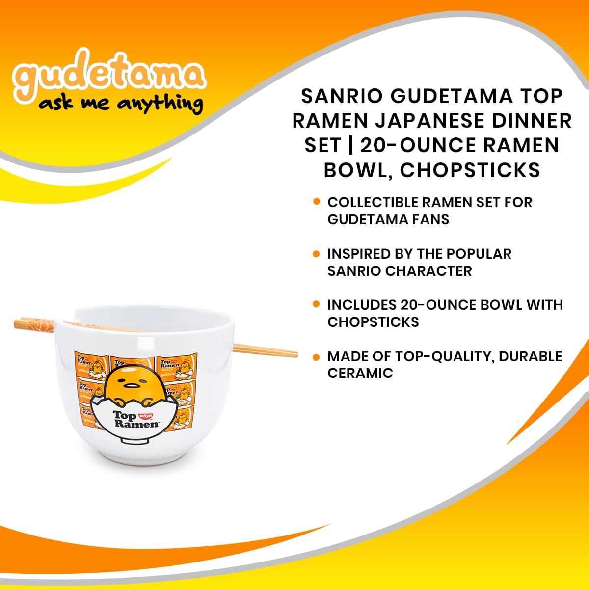 Sanrio Gudetama Japanese Dinner Set with Top Ramen | 20-Ounce Bowl and Chopsticks